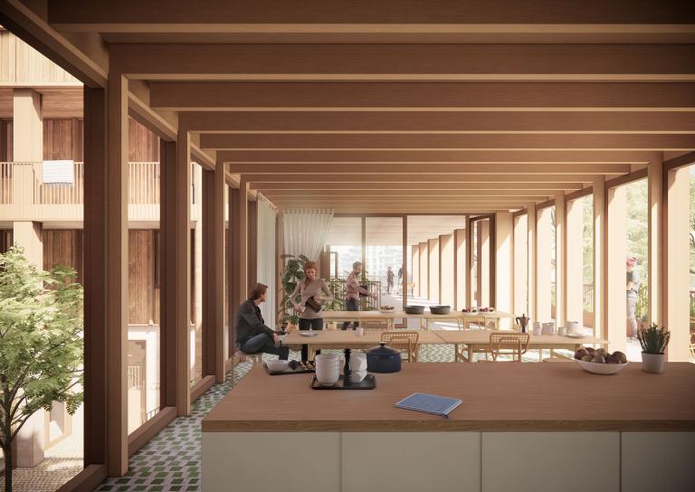 Atelier en keuken voor de opvang van de bezoekers van het toekomstige geïntegreerde centrum. © Bogdan & Van Broeck – BC Architects & Studies