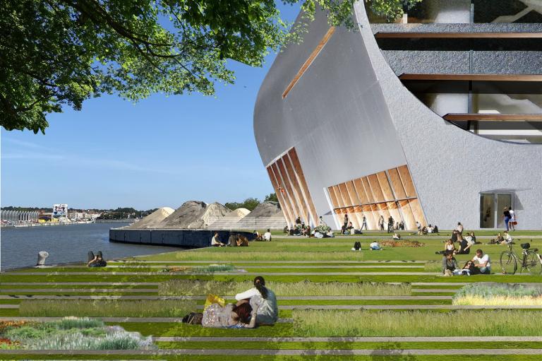 Simulatie van het toekomstige gebouw, op de rechteroever van de zwaaikom van het kanaal. © BEL architecten - CRIT. architecten - Studiebureau Weinand