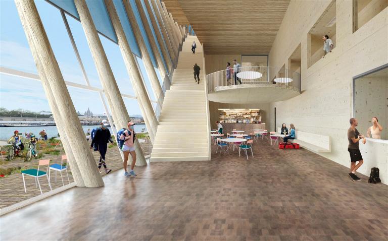 Simulatie van de entree, het publieke café en de grote trap naar de sportzalen. © BEL architecten - CRIT. architecten - Studiebureau Weinand
