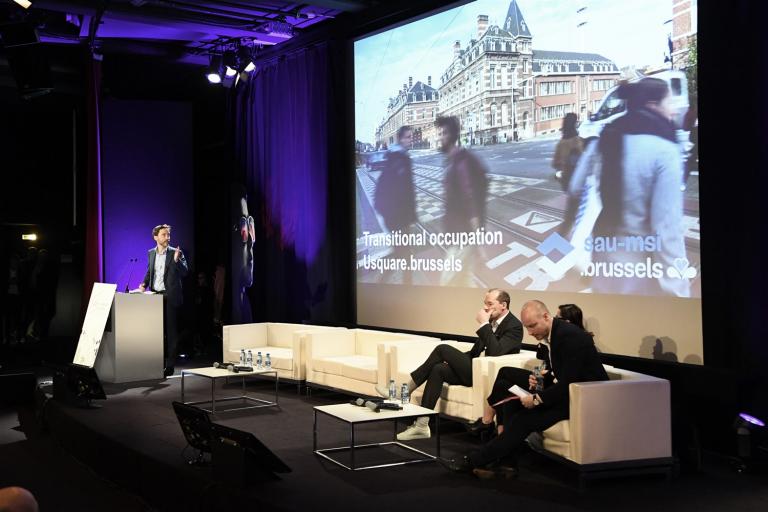 Lezing van Gilles Delforge, directeur van de MSI, tijdens editie 2019 van ‘Breakfast in Brussels’. © Visit.brussels