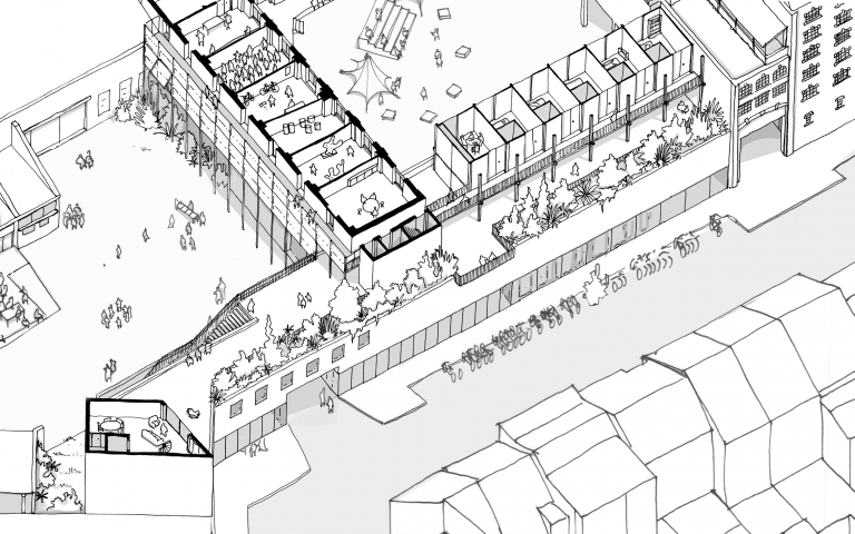 Schets van het terras met aanplantingen op het nieuwe gebouw dat nummer 13-15 en 17-19 zal verbinden aan de straatkant van de Manchesterstraat. © sau-msi.brussels (BC Architects)