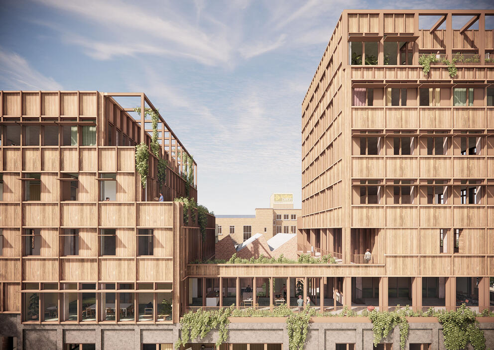 Zuidgevel van het toekomstige gebouw aan de kant van het geplande Becopark. © Bogdan & Van Broeck – BC Architects & Studies