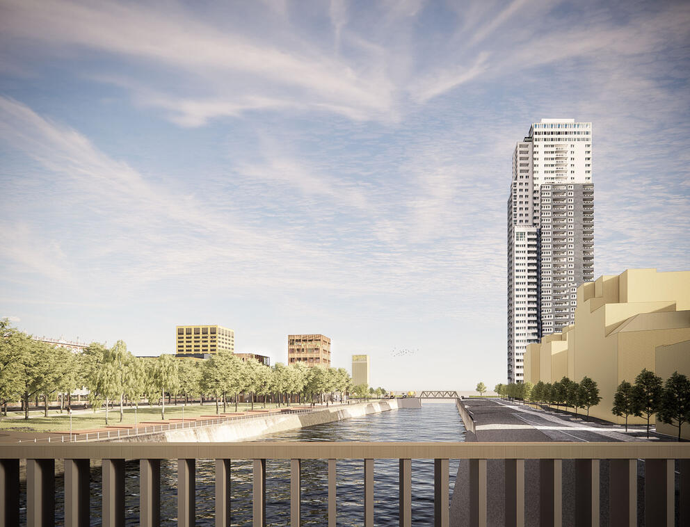 Impressie van het toekomstige gebouw op de linkeroever van het kanaal, achter het geplande Becopark. © Bogdan & Van Broeck – BC Architects & Studies