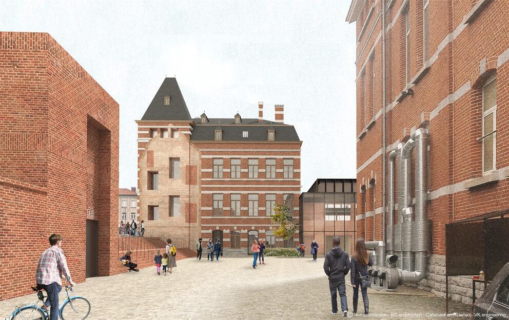 Simulatie van de gebouwen op de hoek van de Generaal Jacqueslaan en de Kroonlaan, gezien van vanuit de binnenkant van de site, eind 2023, met de nieuwe ingang van de site Usquare.brussels in de Kroonlaan. © evr architecten