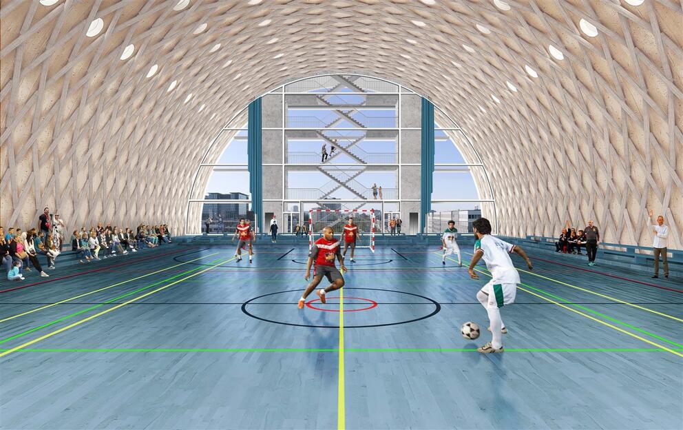 Simulatie van de omnisportzaal. © BEL architecten - CRIT. architecten - Studiebureau Weinand