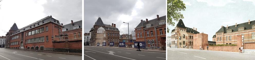 Het ontmantelde gebouw aan de Kroonlaan en een simulatie van de toekomstige nieuwe ingang van de site, die wordt gemaakt met hergebruikte bakstenen. (© sau-msi.brussels en © evr architecten, BC Architects, Callebaut Architecten)