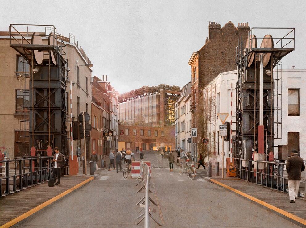 Simulatie van het gebouw gezien vanaf het kanaal. © sau-msi.brussels (BC architects)