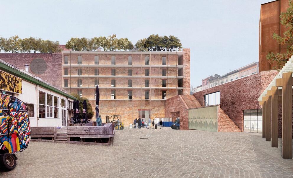 Simulatie van de inrichting van het plein aan de Manchesterstraat 13-15, met rechts de trap naar het terras met aanplantingen. © sau-msi.brussels (BC Architects) 
