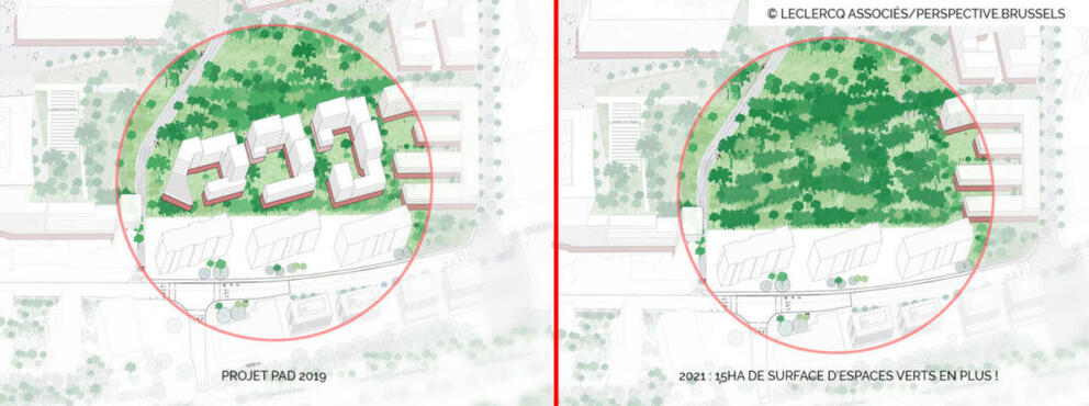 Het schrappen van de bouwblokken I, J en K uit de eerste versie van het RPA maakt het stadspark groter. © Leclercq Associés/perspective.brussels