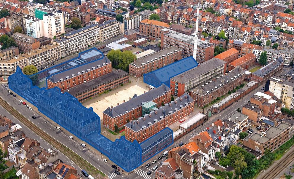 In het blauw de eerste gebouwen die zullen worden gerenoveerd. © sau-msi.brussels (GlobalView)